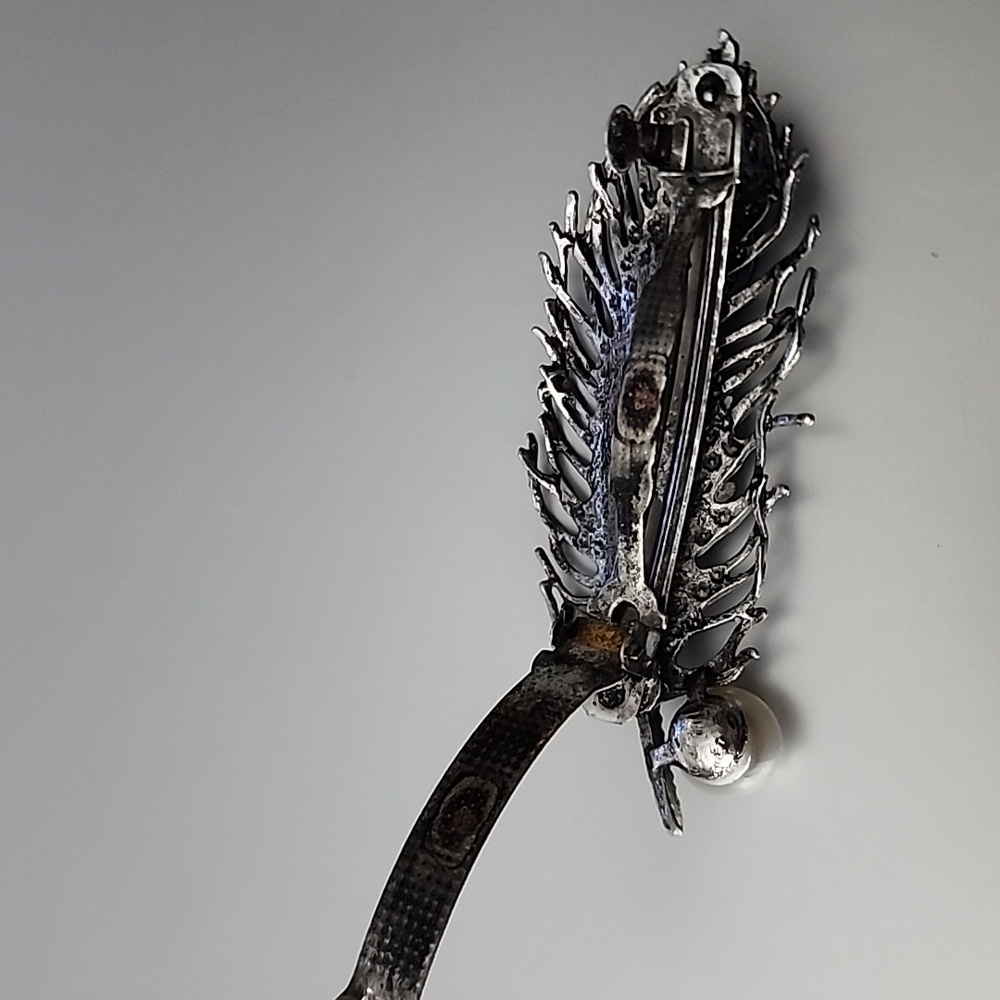 SILVER and  BLUE  Feather Hair Accessory with Peacock Design - Picture 3 of 5